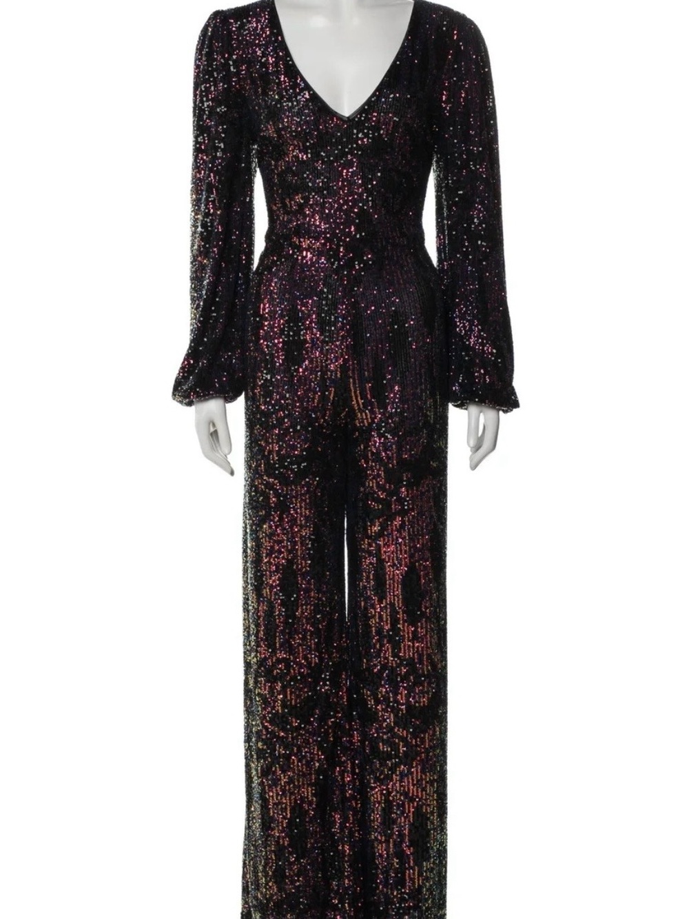 Monique Lhuillier Black  V-neck Jumpsuit with Iridescent Multi-color Seq. Detail